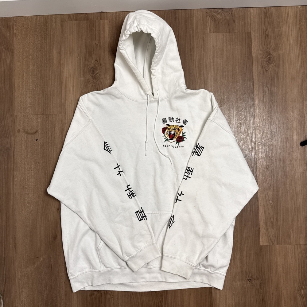 Riot Society Hoodie Mens 2XL White Tokyo Japan Tiger Graphic Sweatshirt USA Made